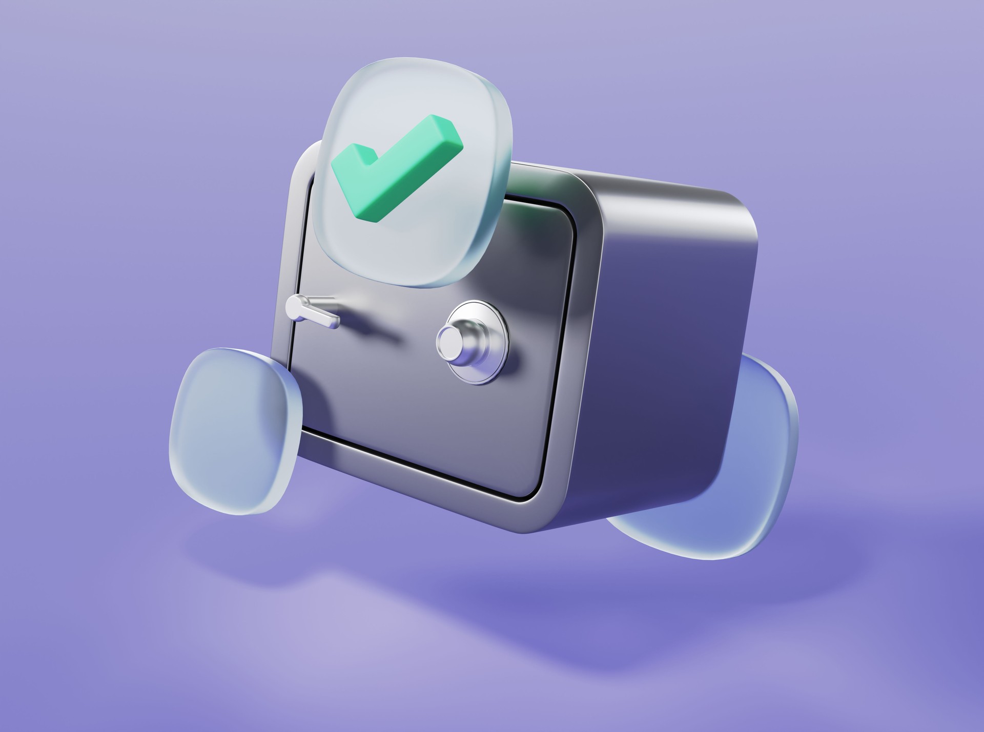 Safe with check mark sign with glass elements on an isolated background 3d rendering